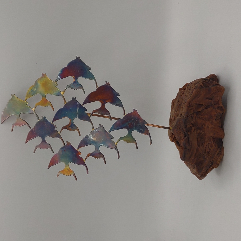 Vintage handcrafted School fish metal driftwood MCM sculpture art decor